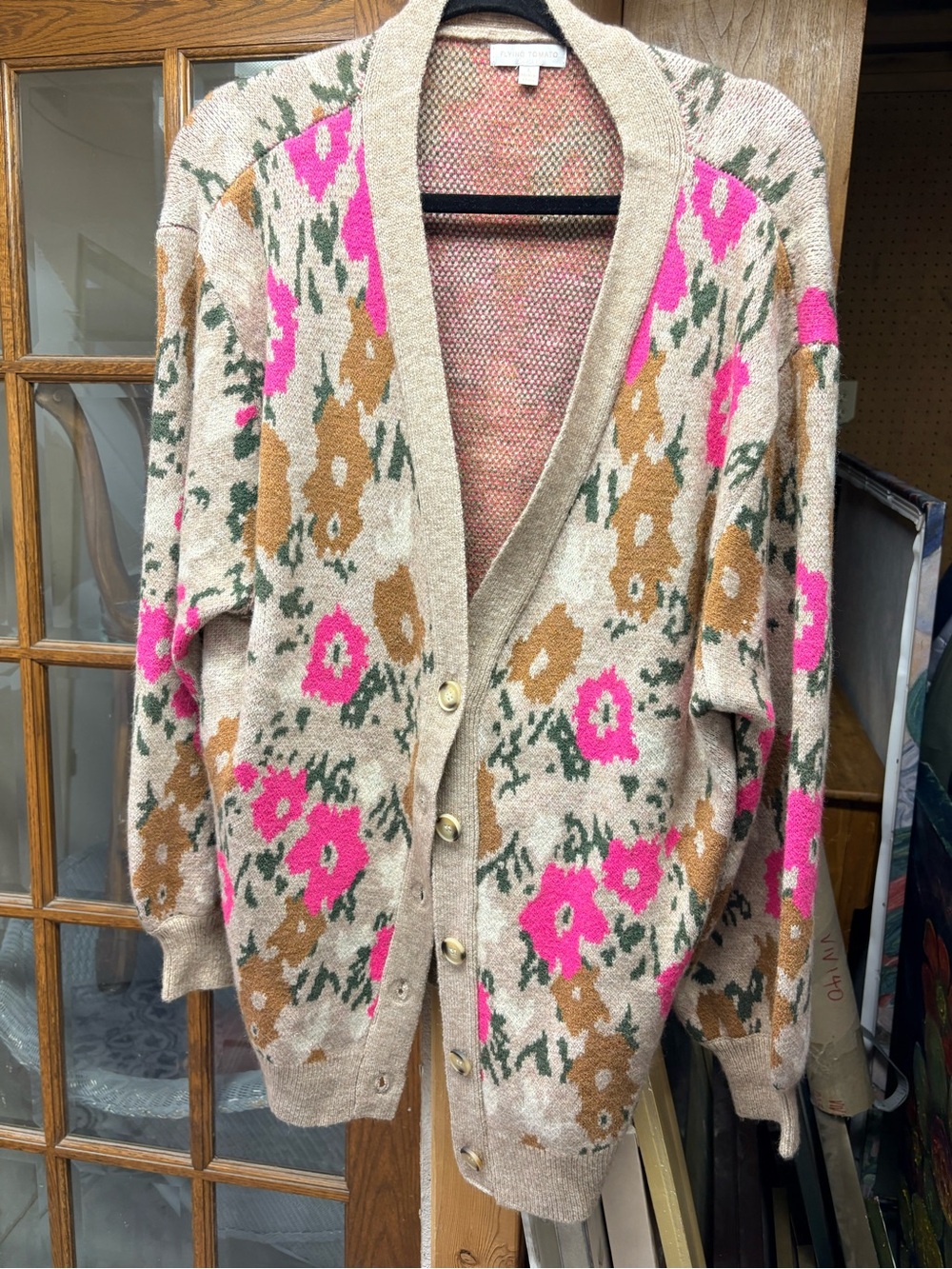 Flying Tomato Beige Cardigan Sweater with Pink and Brown Floral Print